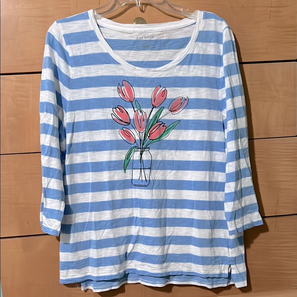 Talbots Spring Tulip Striped Blue and White Top Size XL 3/4 Sleeve - Picture 2 of 5